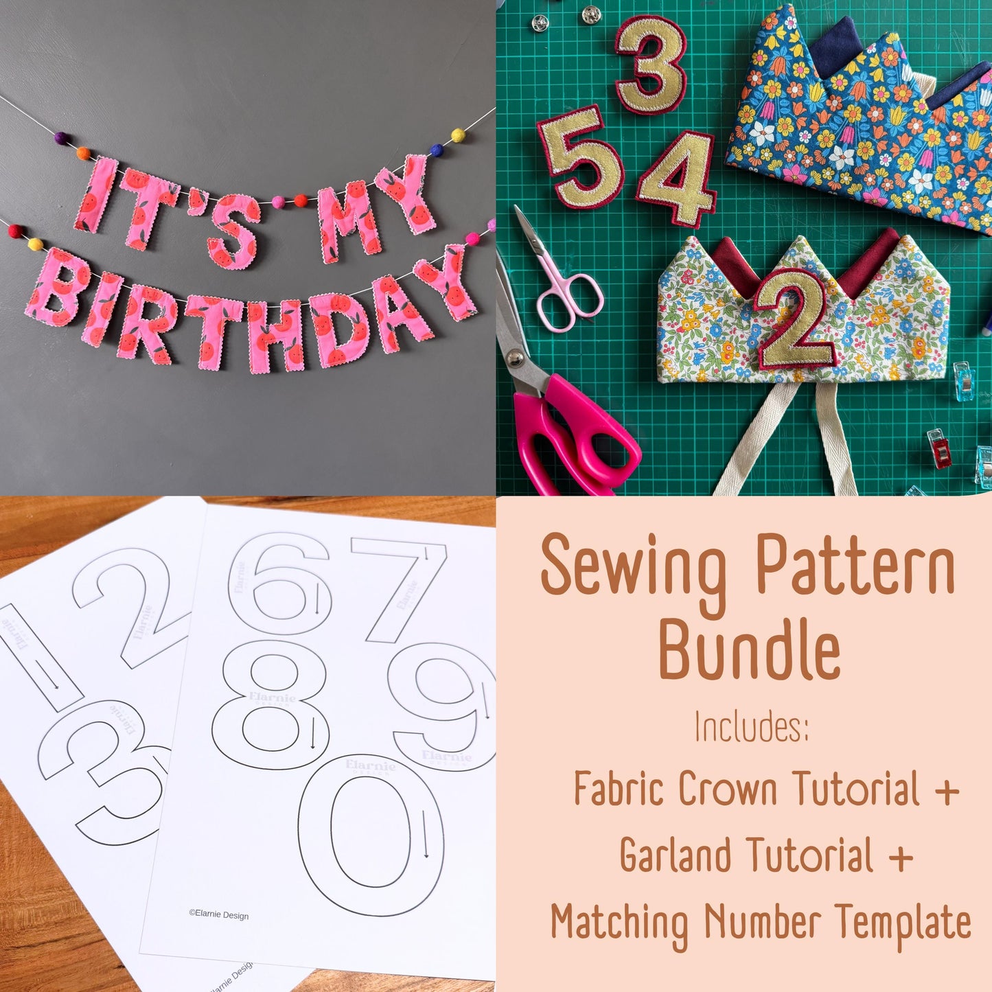 Party Decor Sewing Pattern Bundle – Fabric Crown, Alphabet & Number Templates (PDF Download)