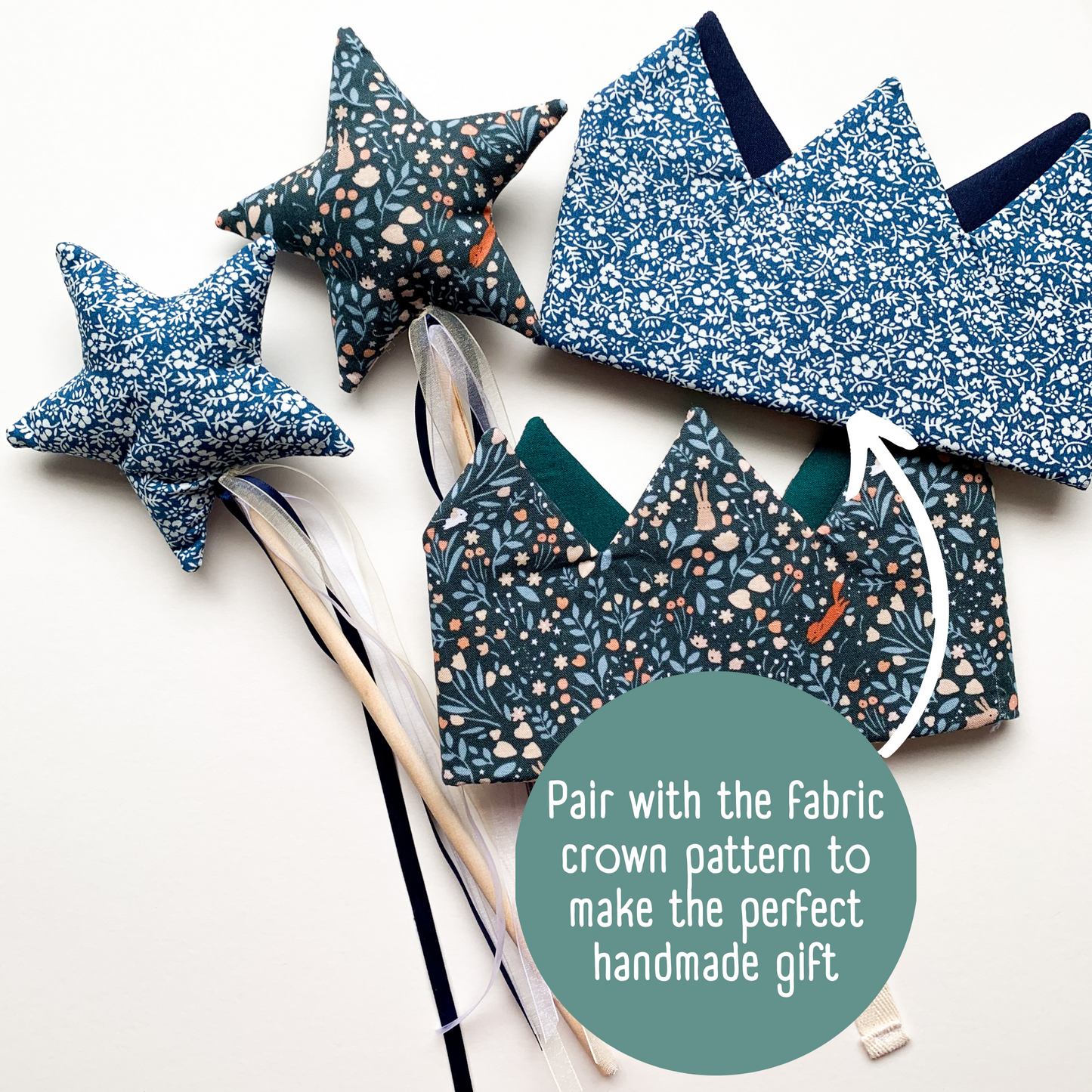 Fabric crowns and star wand with floral patterns on a white background