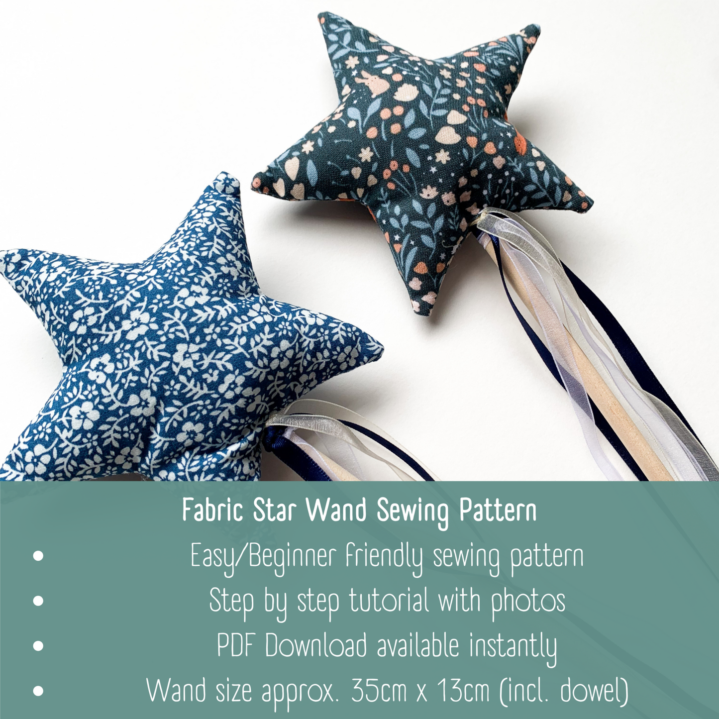 Fabric star wand with sewing pattern text on a white background